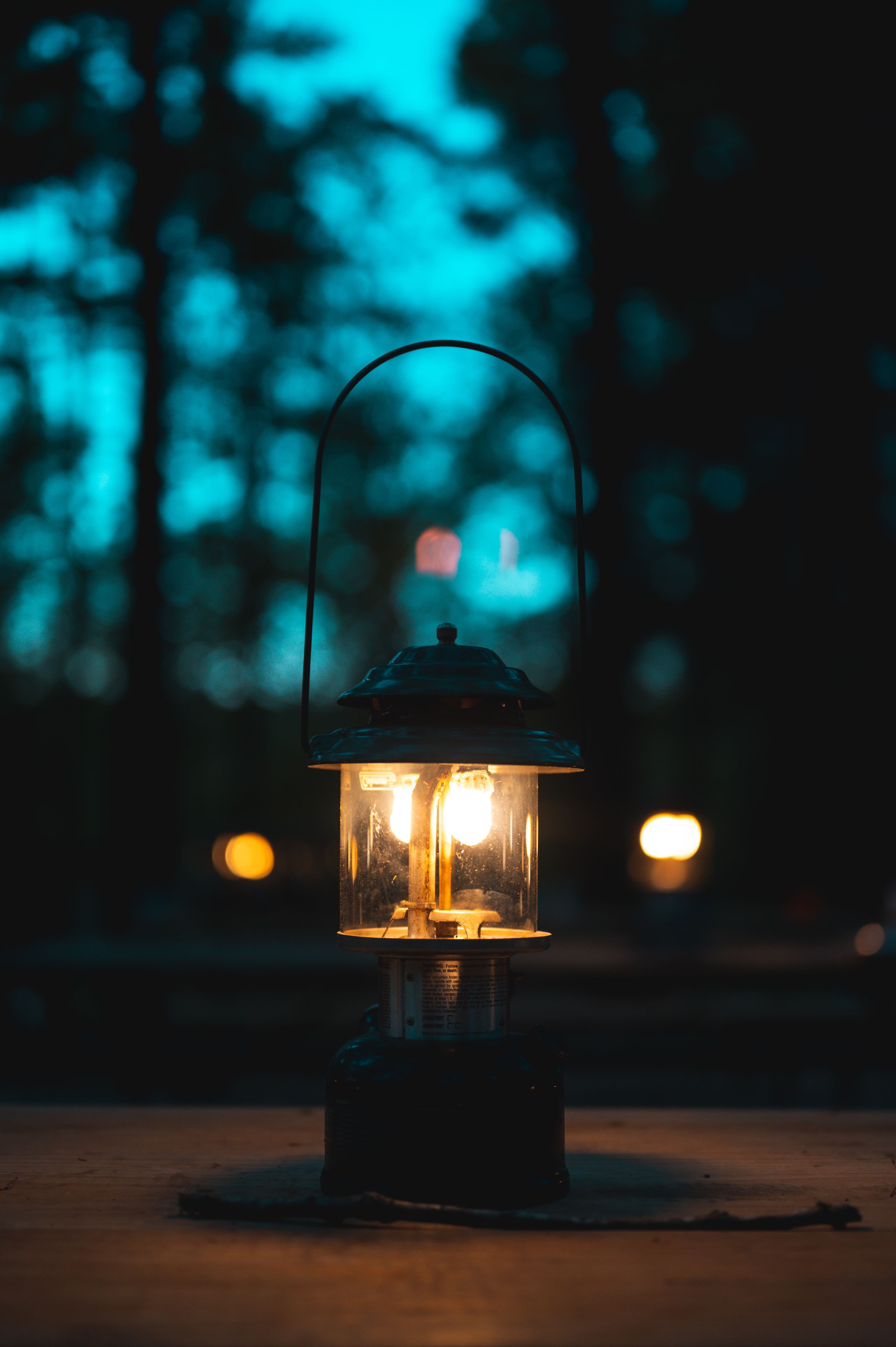 Glowing lantern in the evening woods